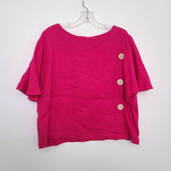 Kensie Tops - Kensie 100% Linen Hot Pink MEDIUM Button Detail Short Sleeve Top Blouse Bright M